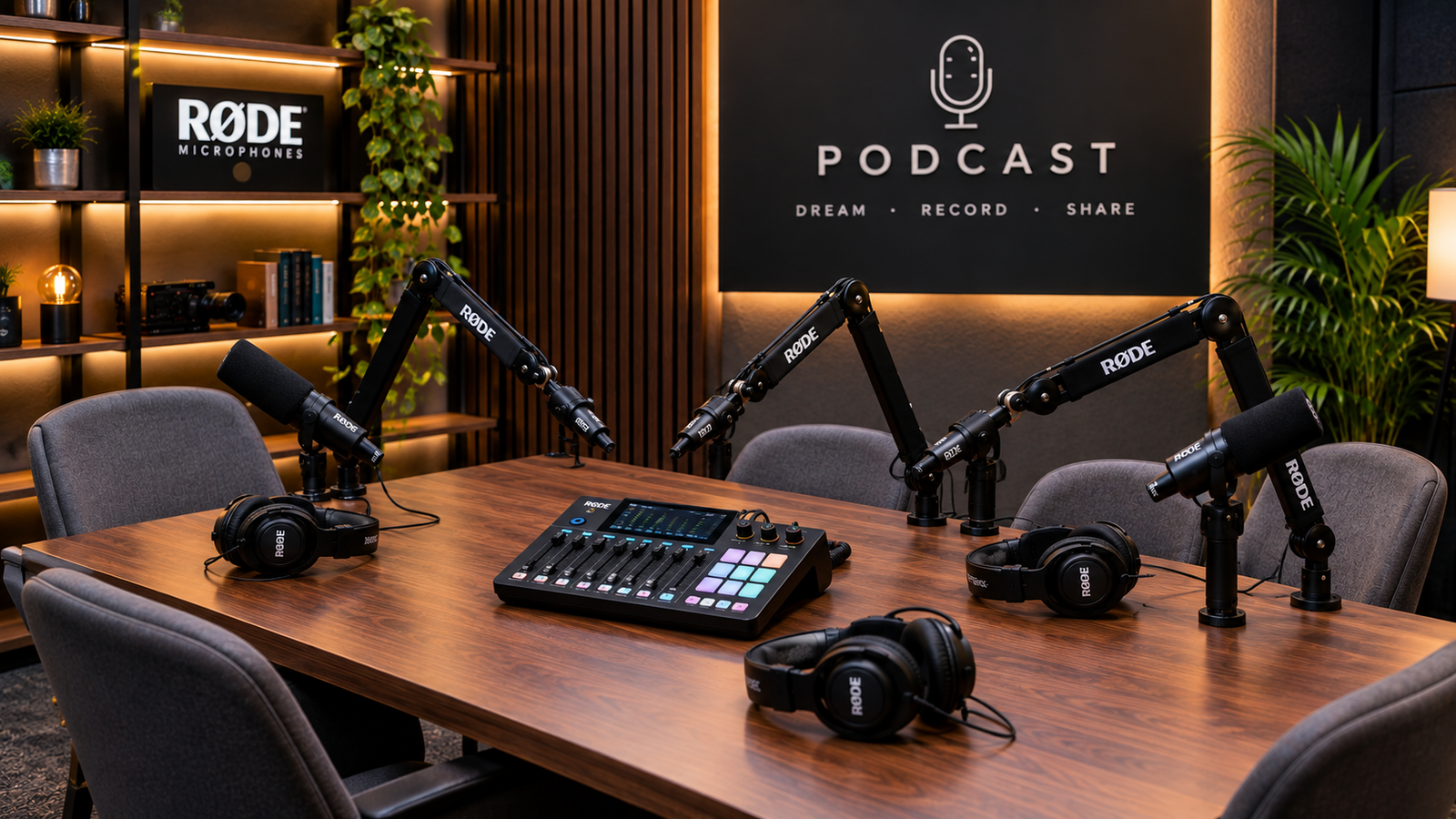 Podcast studio setup with microphone and headphones